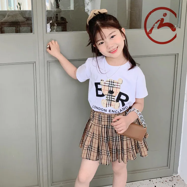 

New Toddler Girls set summer plaid bear T-shirt top and skirt girls 2 piece set,little girls clothing sets