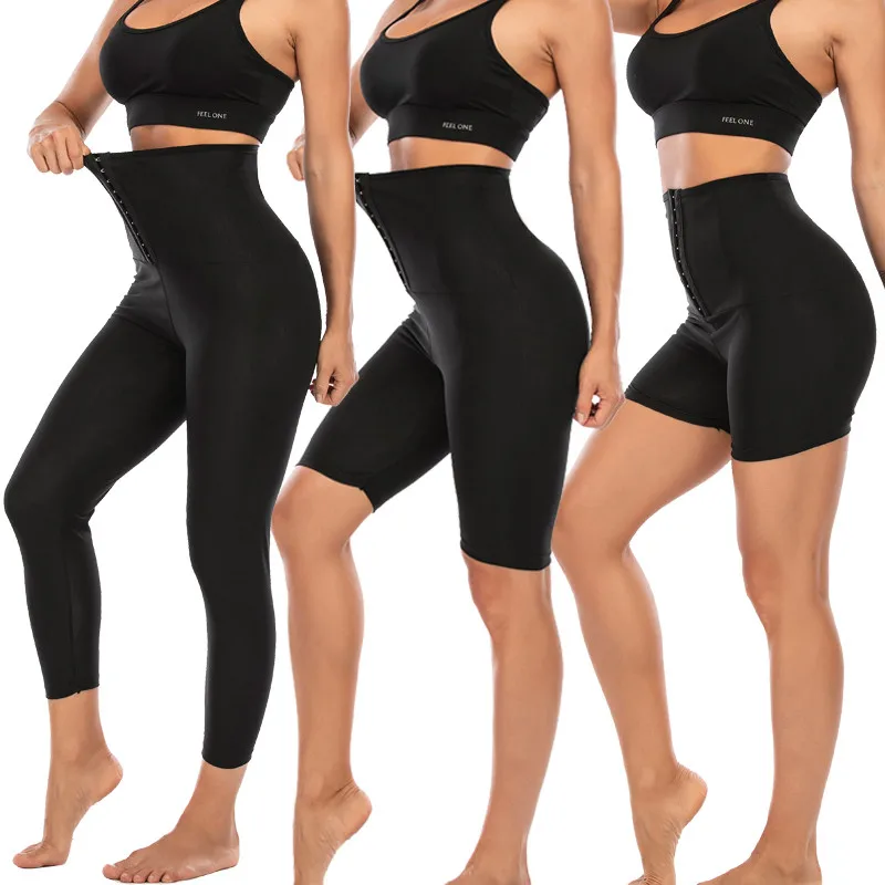 

Plus Size Women Silver Coated Sweat Sauna High Waist Short Pants Body Shaper Slimming Corset Waist Trainer leggings With Hooks, Balck