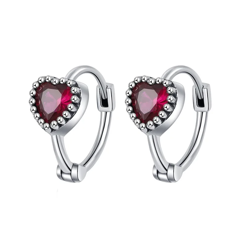 

Dainty Party 925 Sterling Silver Claw Setting Garnet Red Small Love Hearts Shape Zircon Hoop Earrings