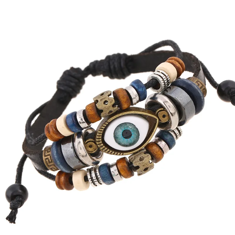 

New Evil blue Beaded Eye Real Leather Bracelet Lucky Couple Beads Bracelet With Adjustable Leather For Couples, As picture