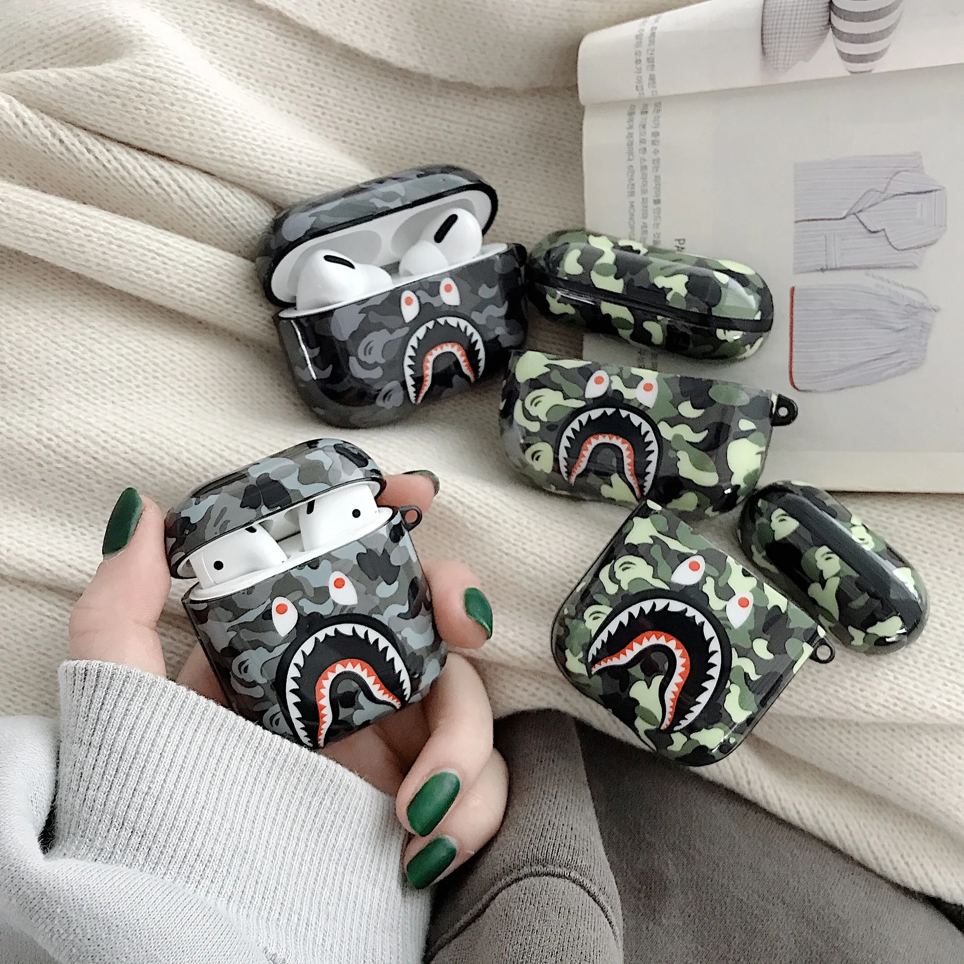 

Free Shipping Stylish Cool Shark Camo camouflage Bape Earphone Soft Case for AirPods Pro 3 1 2, Colorful