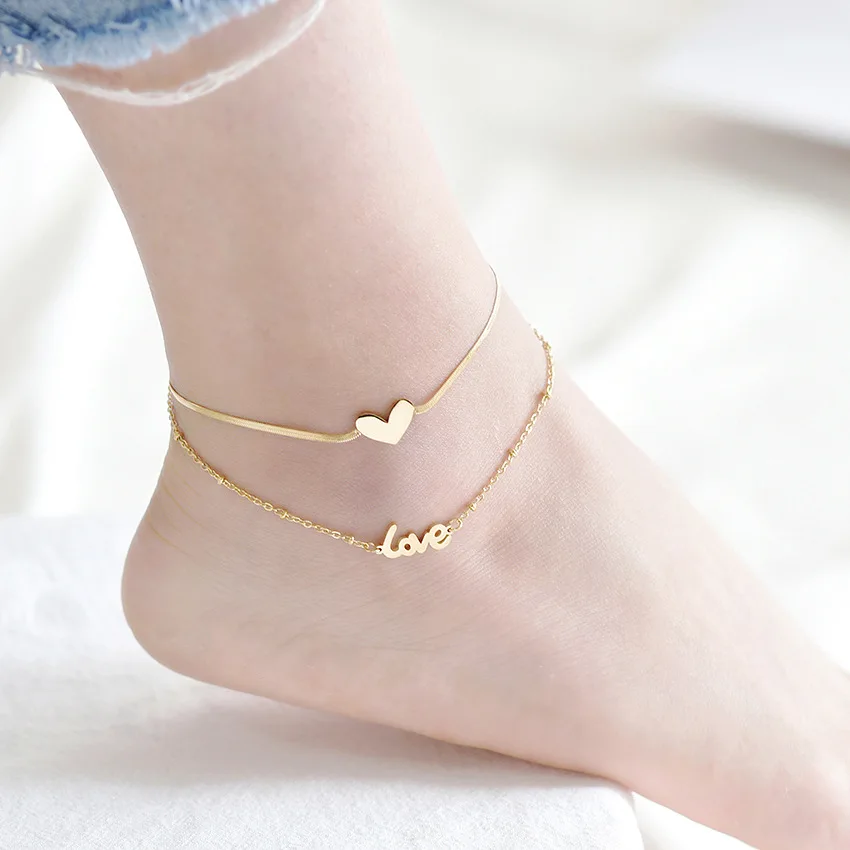 

New Fashion Adjustable Gold Plated Peach Heart Anklet Double Layer Heart Love Letter Charm Anklet For Girl Box Gift