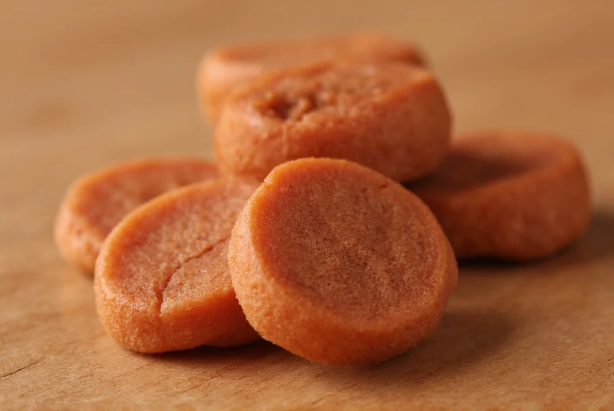 Close-up photograph of traditional cinnamon disc candy showing the circular shape, reddish-brown color, and smooth surface texture on a wooden table