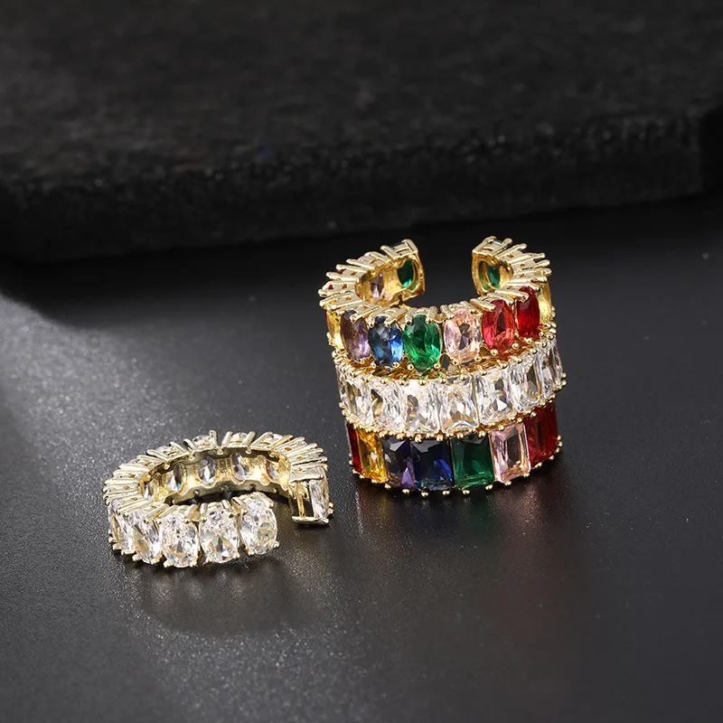 

Simple Retro Copper Inlaid Square Shape Zircon Single Ring Temperament Rainbow Colorful Fine Flash Split Open Diamond Ring
