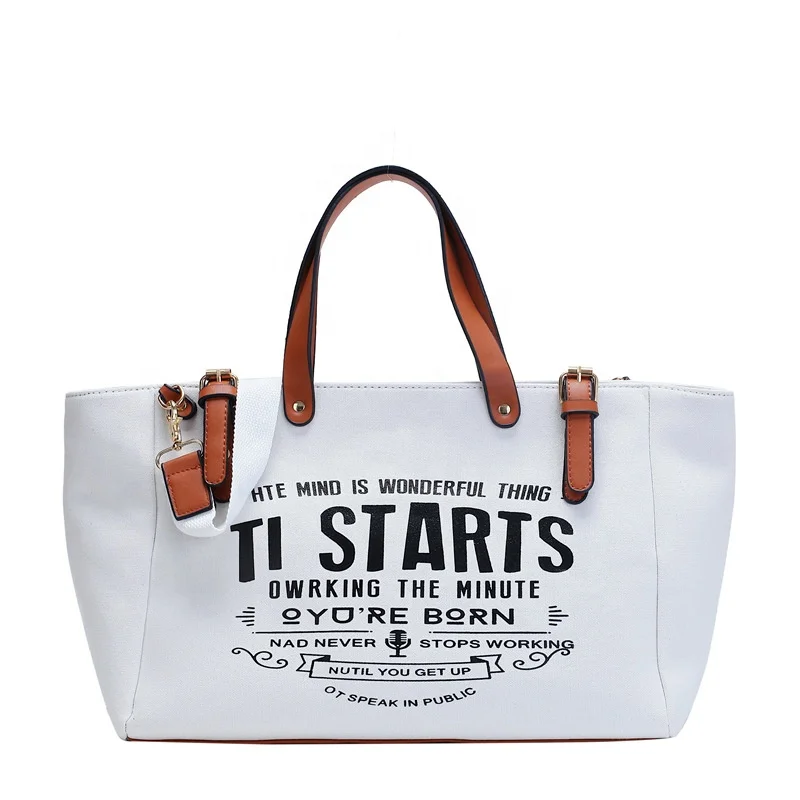 

Elegant Letter Printing Travel Cross Body Purse Tote Bag Custom Ladies Shoulder Bag Women Canvas Handbag With PU Handle, Black, white, blue, khaki