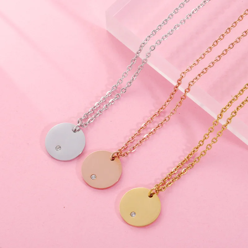 

New Dainty single white zircon paved 18k gold plated blank disc coin pendant necklace custom engraving jewelryfor women girls