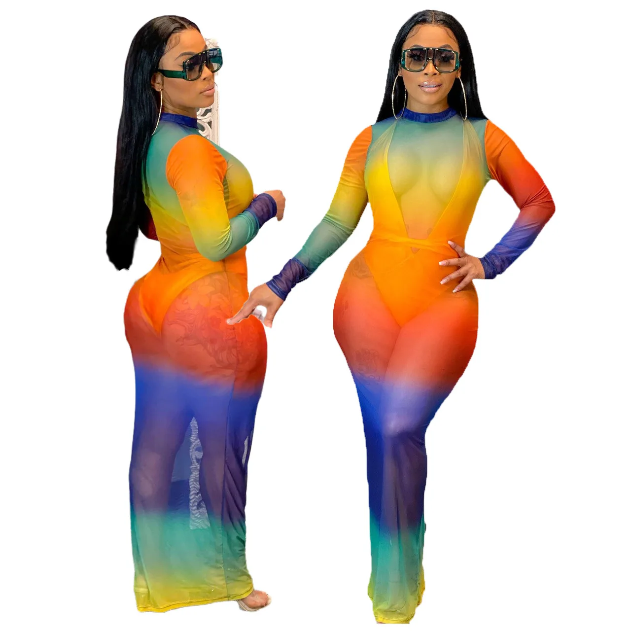 

Wholesale 2021 New Colorful Nightclub High Stretch Mesh Print Long Sleeve Crew Neck Slim Fit Sexy Club Dresses For Women, Shown