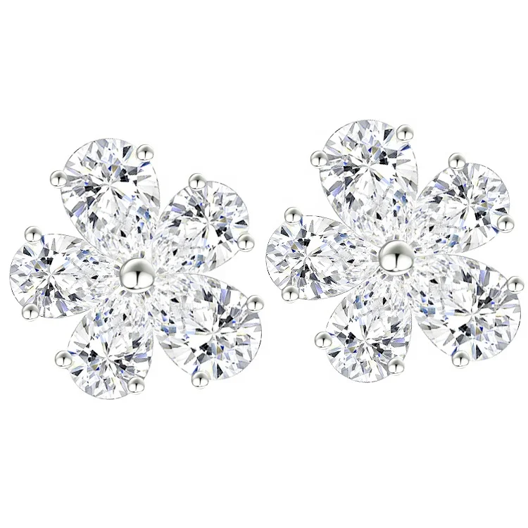 

HY 18K White Gold lab grown created synthetic HPHT Diamond pear diamond Daisy Stud Earrings Beautiful and Cute Stud Earrings