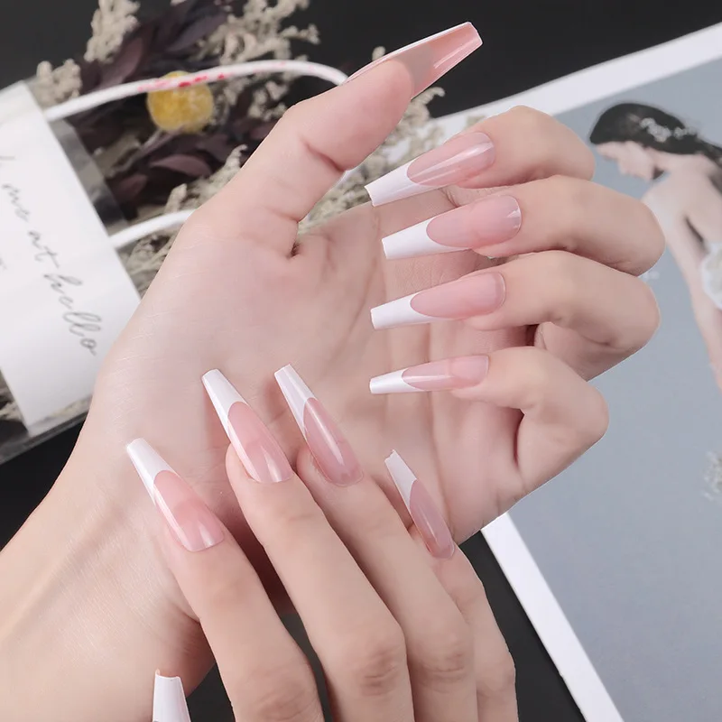 

Dropshipping False Artificial Long French Tip Design White Pink Nail Tips Press On Nails