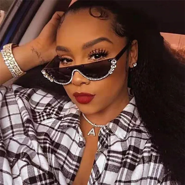 

Sunglasses Women Trendy Half Frame Rimless Cat Eye Sunglasses Rhinestone Women Summer Shades Women Small Glasses