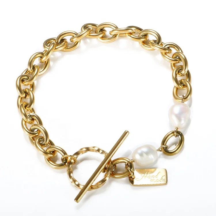 

Minimalist Gold Plated Jewelry Stainless Steel Toggle Clasp Thick Oval Link Freshwater Pearl Bracelet for Women, Gold, rose gold, steel, black etc.