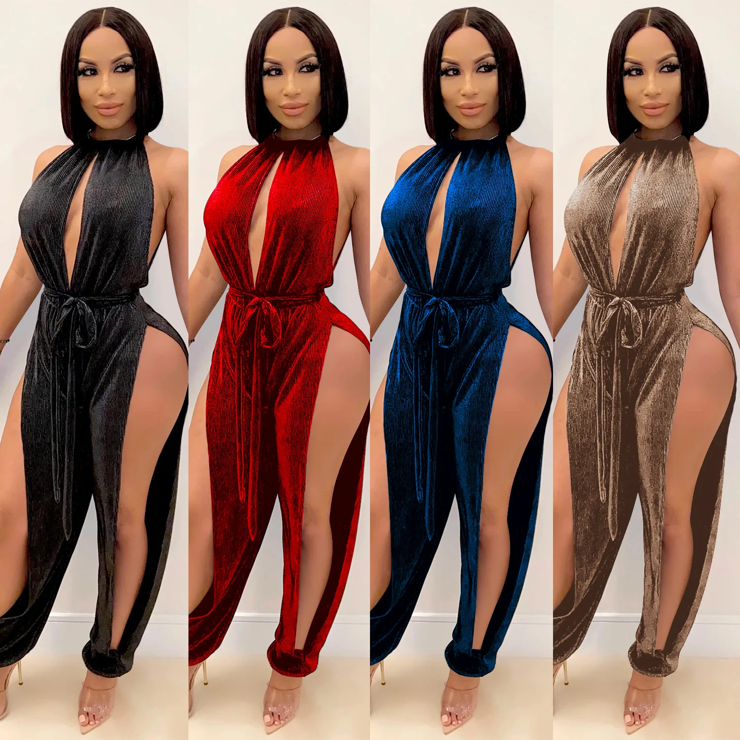 

Sleeveless women halter Bodycon jumpsuit Hollow Out Sexy Split pants Women's One Piece Jumpsuit 2021, Black,brown