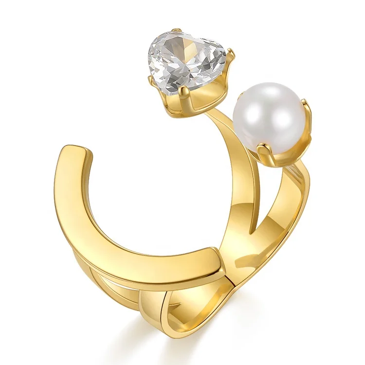 

Latest High Quality 18K Gold Plated Stainless Steel Jewelry Zircon Imitation Pearl Smile Face Open Accessories Rings R214107