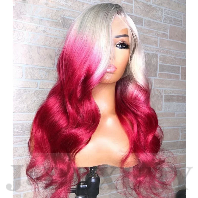 

virgin human wigs for black women wholesales virgin hair highlights ombre grey pink color body wave virgin hair lace front wig, Ombre color lace wig