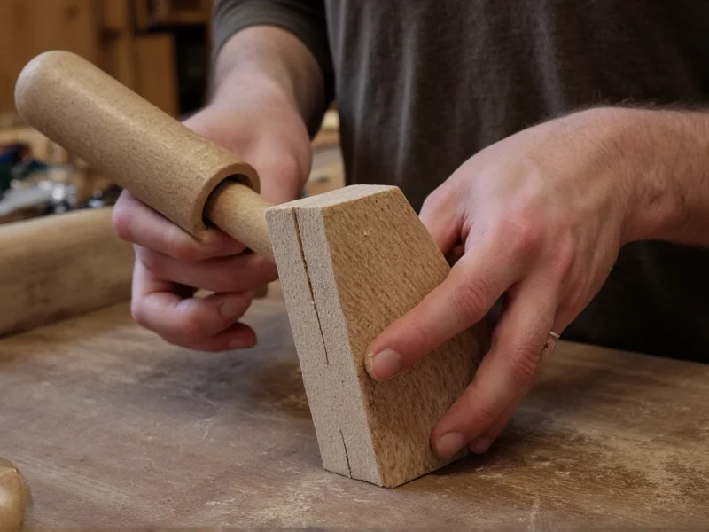 Hands shaping mace head from wood block during crafting