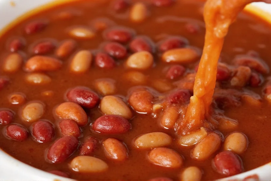 Close-up of Bush's Chili Beans poured into a ceramic bowl showing rich red sauce and plump kidney beans