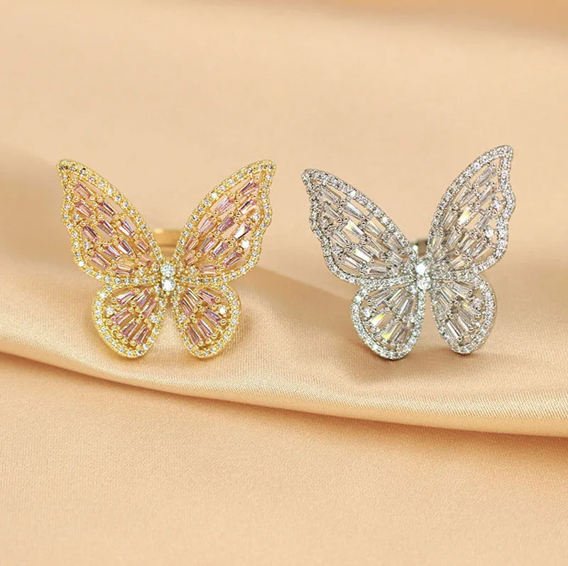 

Bohemian Gold Plated Shiny Crystal Butterfly Finger Rings Open Adjustable Pink Zircon Butterfly Ring