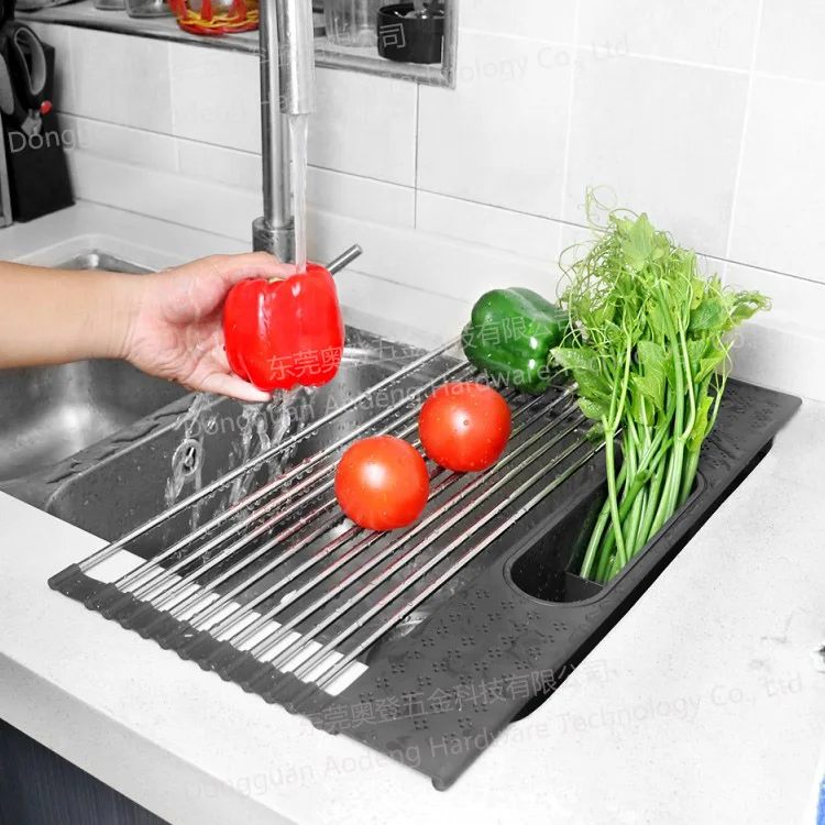 

Kitchen dish drying rack for fruits vegetables stainless steel over sink roll up dish drying rack, Dark grey