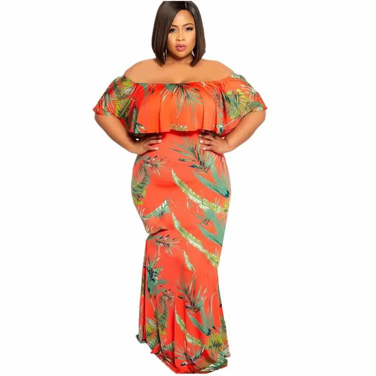 

L summer elegant clothing 5xl off the shoulder sleeveless bohemian natural ruffle Plus size sheath maxi casual dress for women