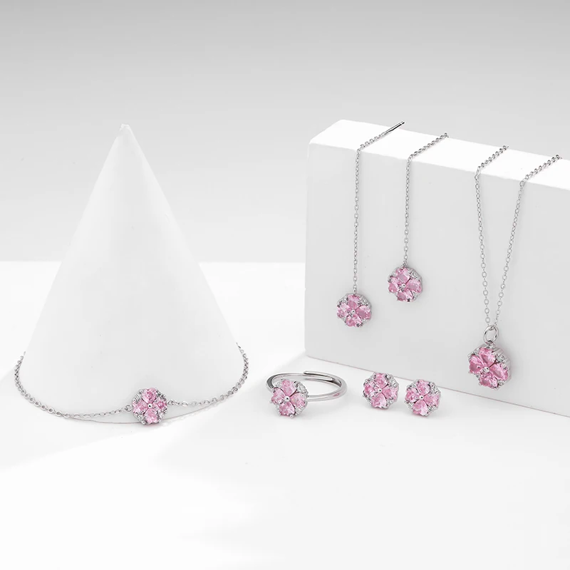 

925 Sterling Silver Zircon 4 Leaf Clover Pendant Necklace Bracelet Earrings Set Cubic Zirconia Flower Jewelry Set for Ladies