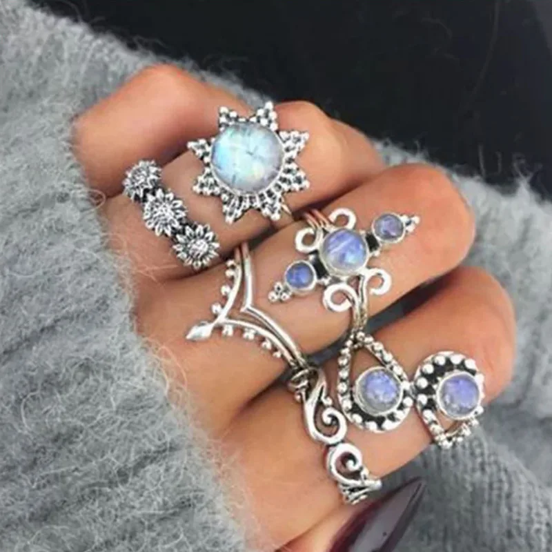 

F1964 Rings Set Geometric Rings Shiny Antiques Finger Ring For Women's Fashion Crystal Personality Jewelry