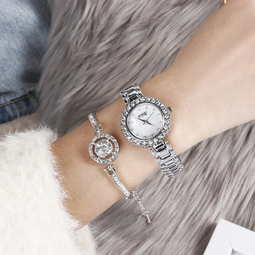 Luxury Diamond Around Face Silver Ladies Watches Quartz 2 pcs Watch Bracelet Jewelry Set TW467