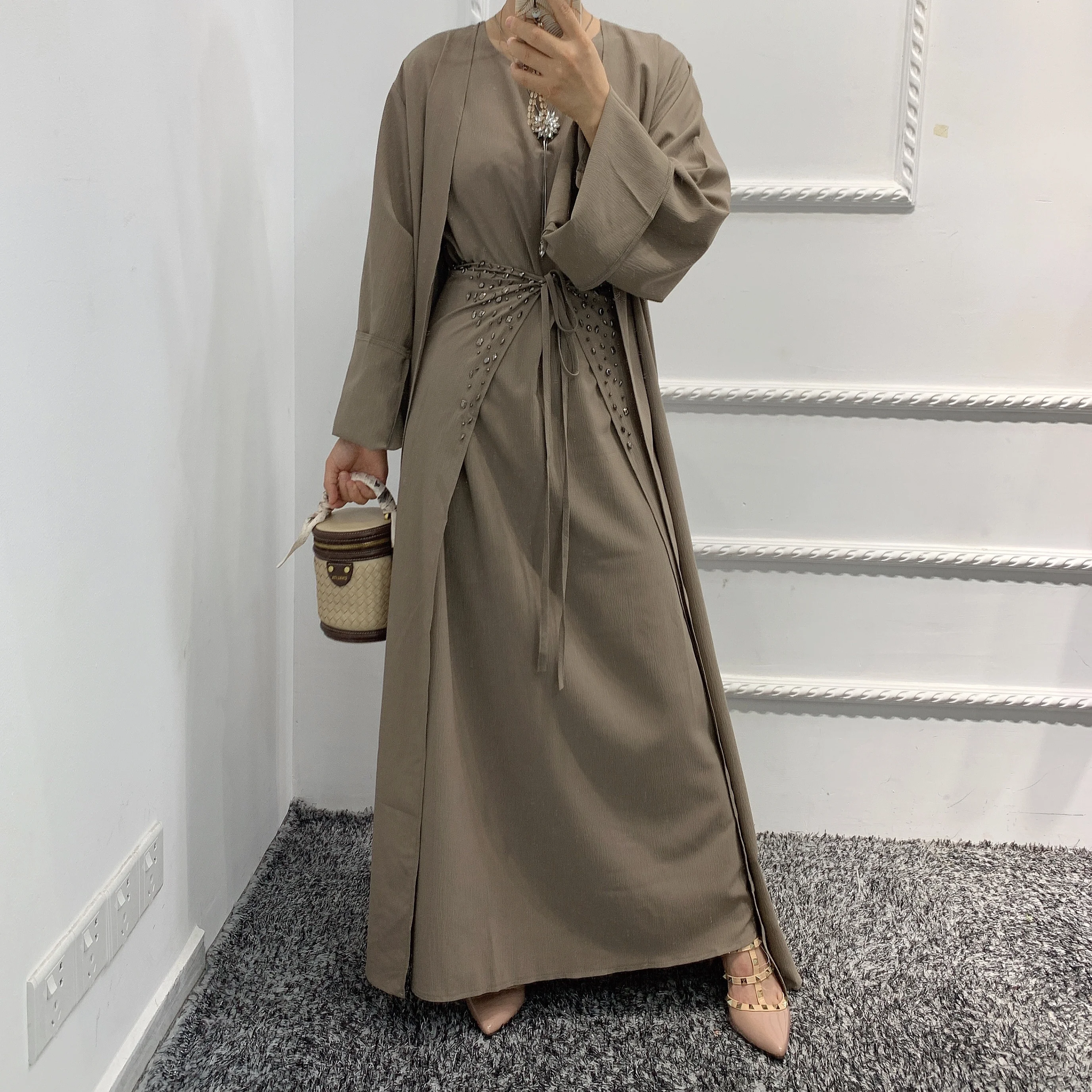 

2021 New Middle East 3pcs Outfits Muslim Women Cardigan Dress Set Maxi Kimino Islamic Clothing with hijab, 2 colors