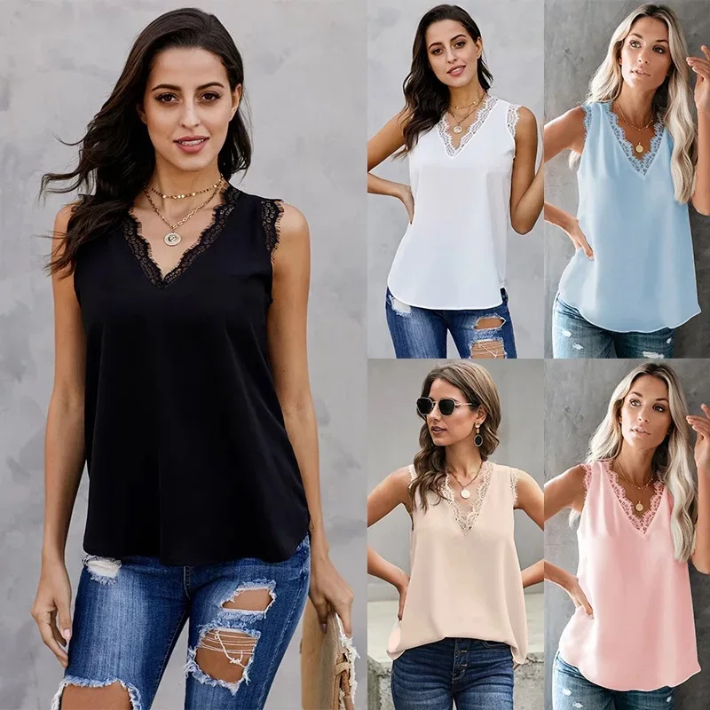 

Women V Neck Lace Trim Loose Casual Sleeveless Plus Size Women Tops
