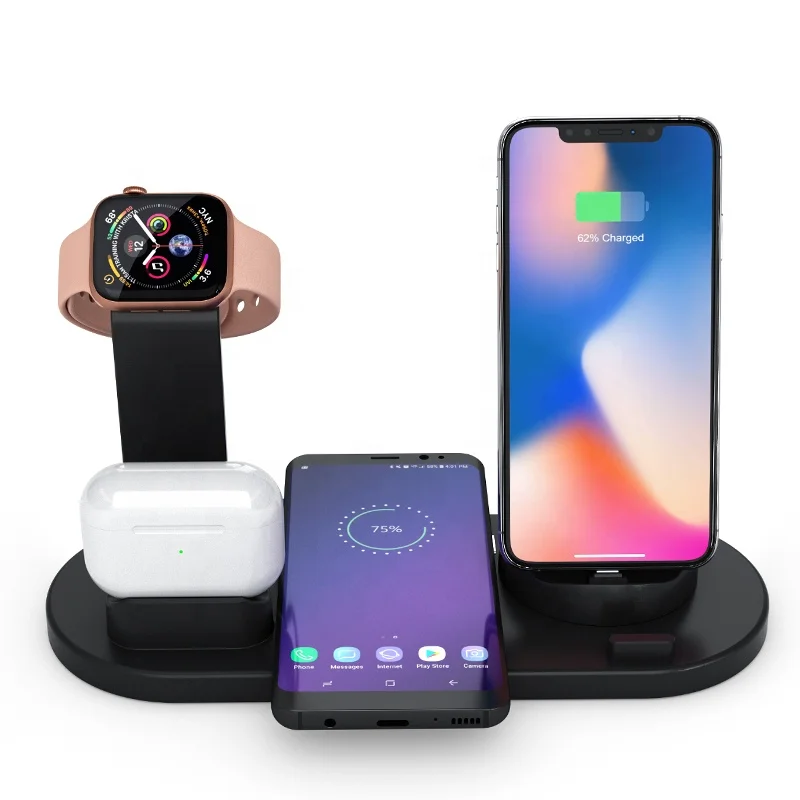 

SUNLINE Multiple Devices 6 in 1 QI Wireless Charging Dock Fast Charging Dock Station phone holder charger for mobile phone, Black, white