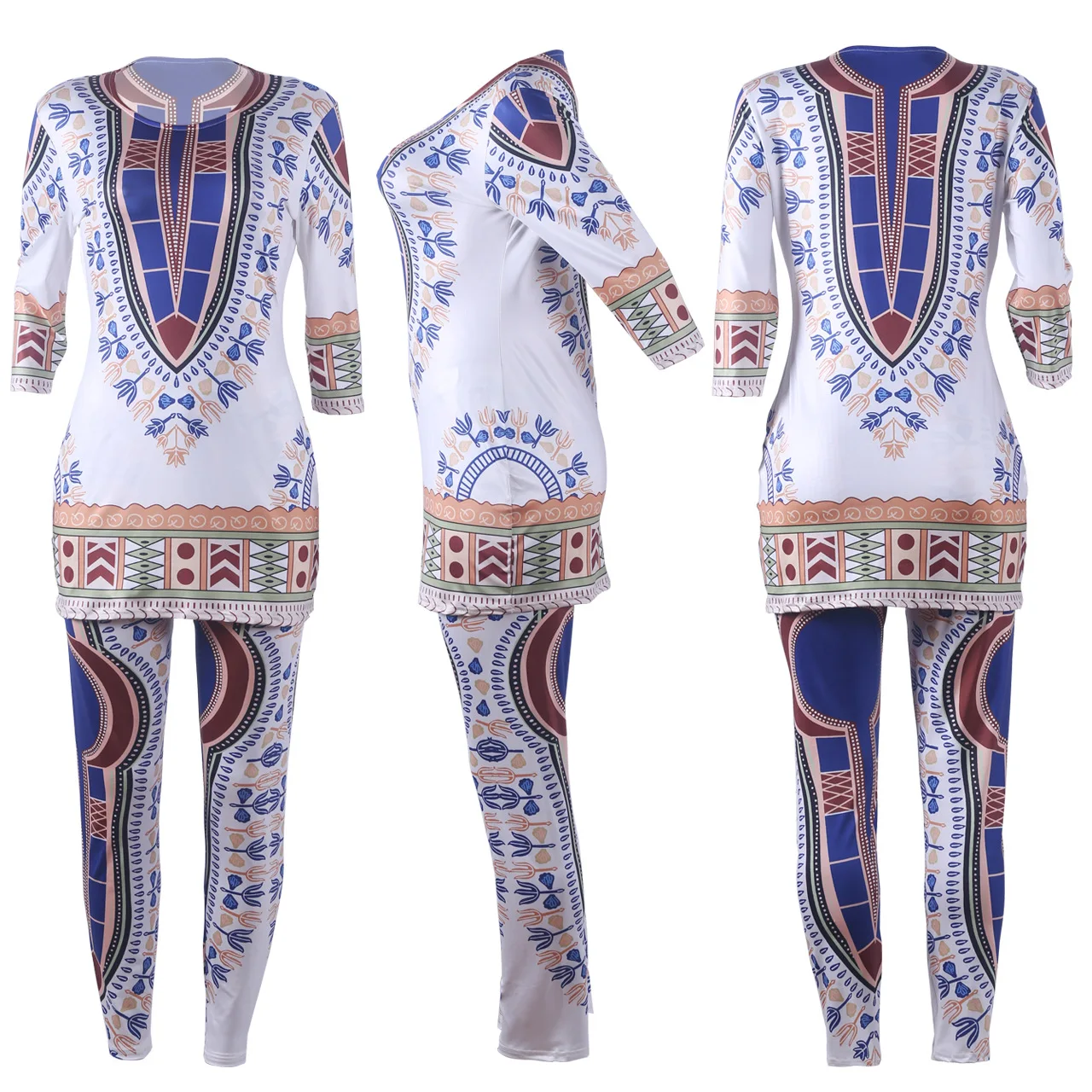 

Q114 Women's Summer Casual African Print Tops Straight Long Pants 2 Piece Sets for Vacation
