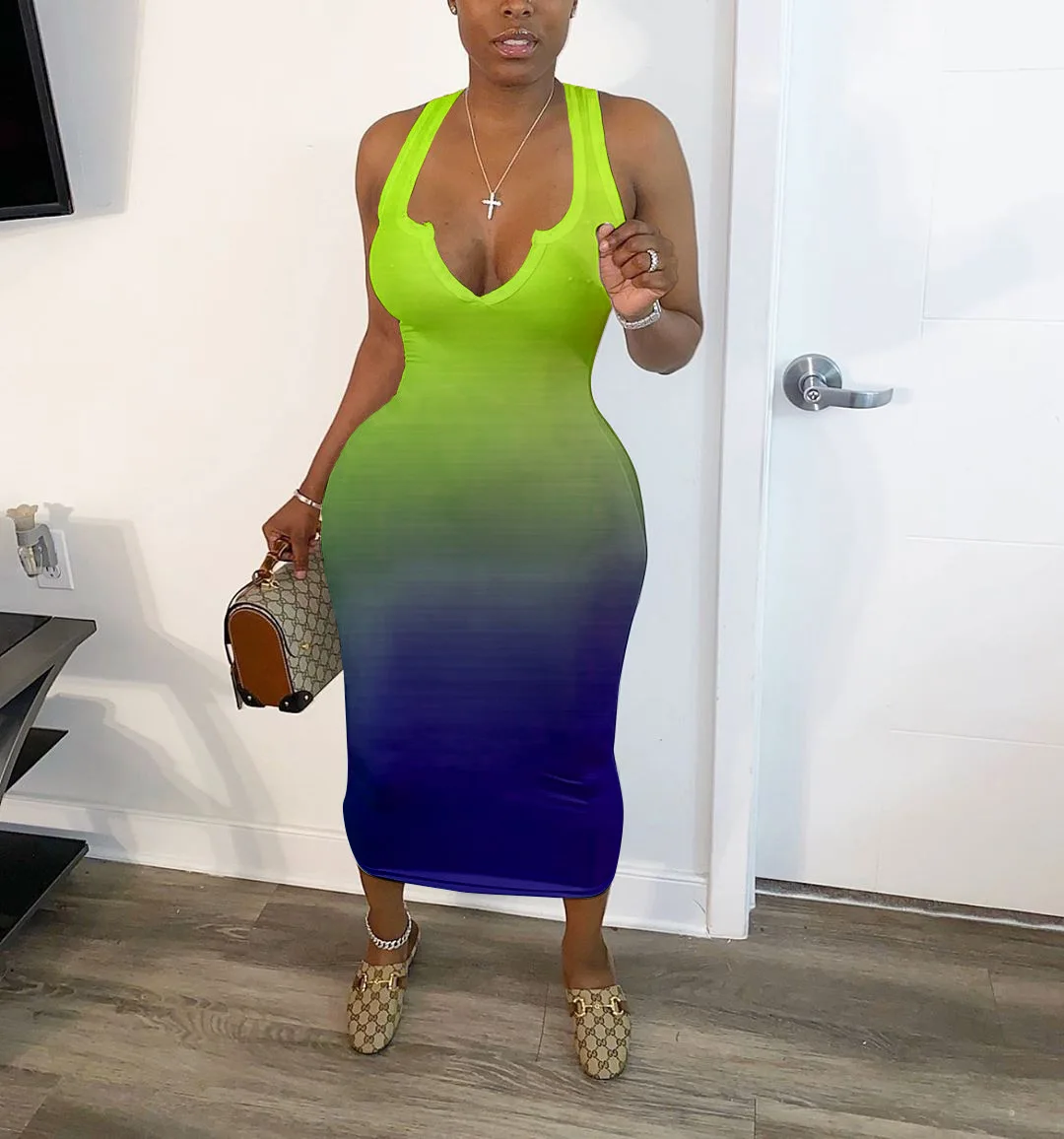 

Sexy V Neck Gradient Color Fitted Sleeveless Maxi Dress For Women, Orange,green