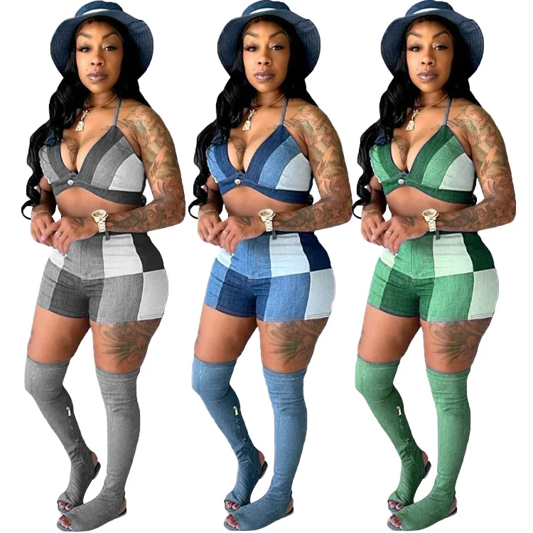 

Two Piece Set Women Clothing Striped Outfits Round Neck Short Sleeve Crop Top And Shorts Set Tracksuits, Gray