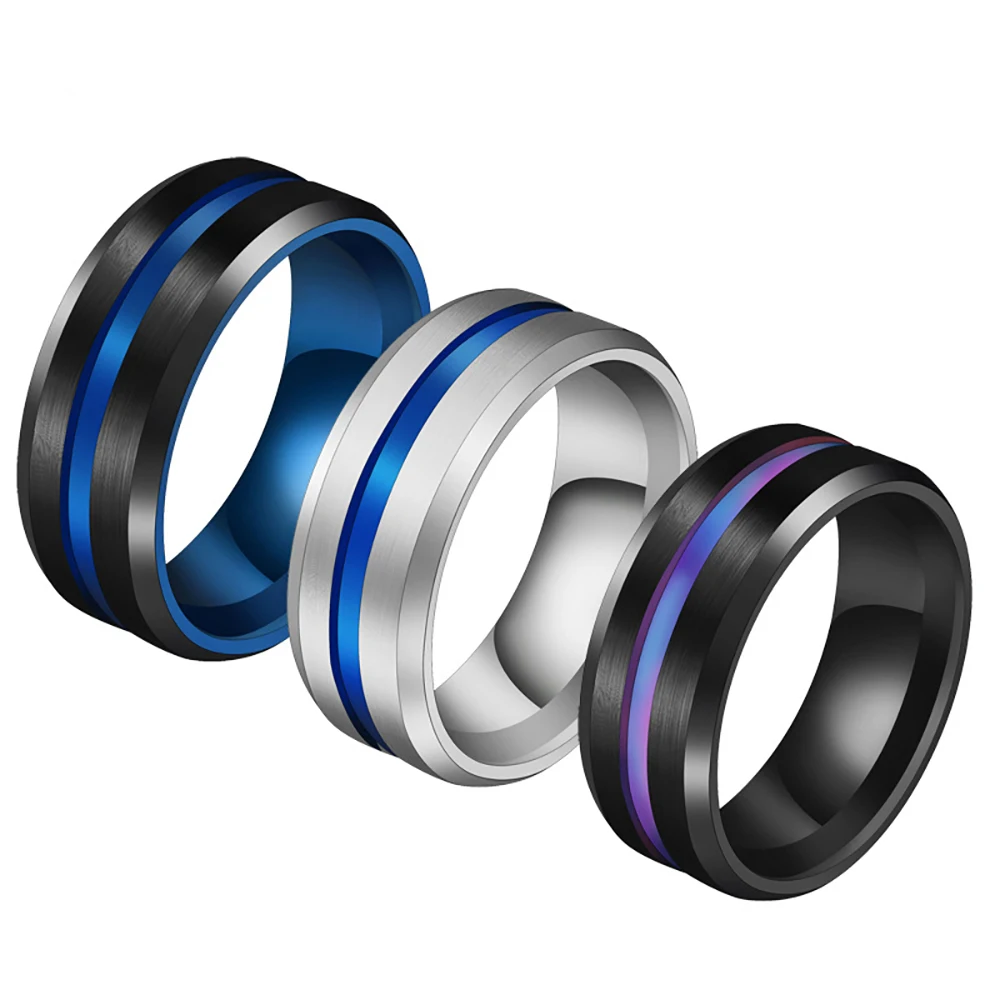

PVD plated finger jewelry fine polished inner brushed outer stainless steel rings for men, Steel color/blue/black