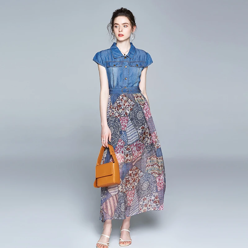 

High Quality Summer Dress For Ladies 2021 Fashion Design Jean Patchwork Chiffon Floral Print Polo Neck Trendy Women Clothing