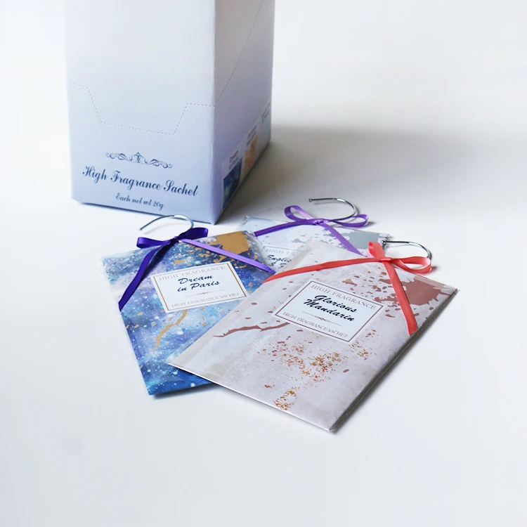 

scented sachet with silver hanger in box for home and car