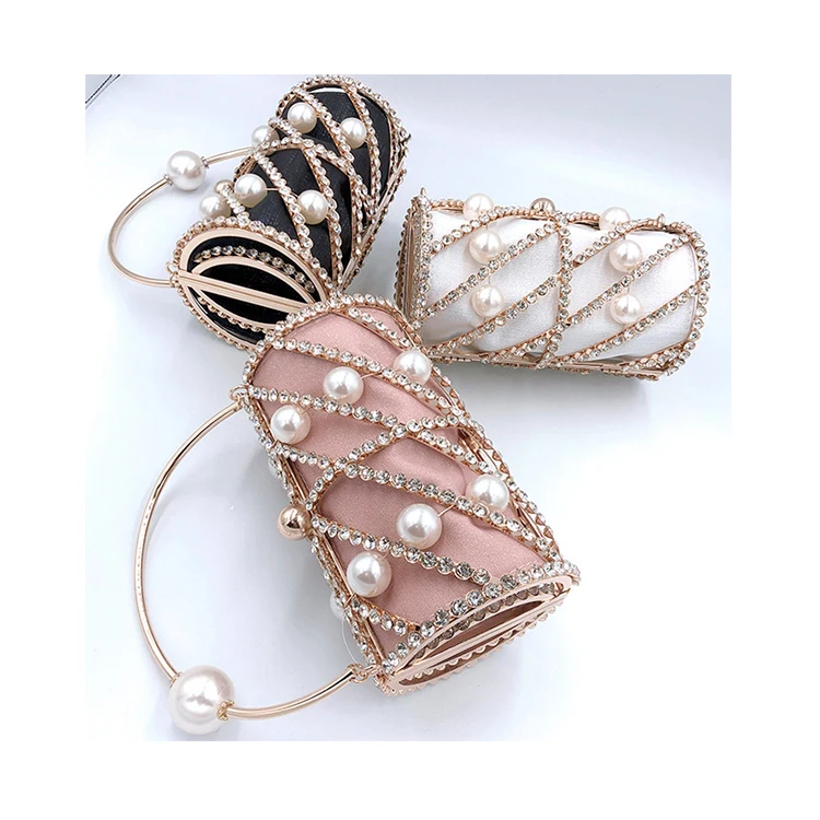 

Luxury Metal Handle Pearl Cylinder Handbag Lady Evening Party Diamonds Clutch Women Rhinestone Banquet Alloy Cage Hand Bags Tote