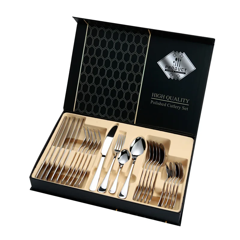 

Hot selling amazon luxury 1010 stainless steel 24 pcs gold cutlery set silverware with gift box case wholesale, Multiple colors