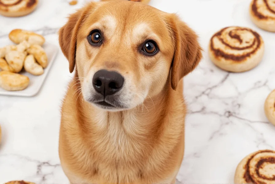 Close-up illustration showing harmful ingredients in cinnamon rolls for dogs: sugar crystals, yeast bubbles, nutmeg seeds, and butter