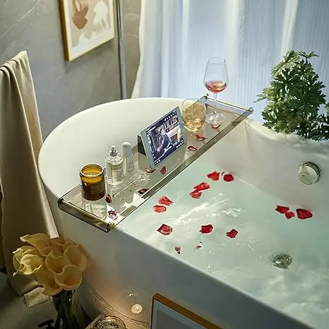 

Tray for Luxury Bathroom Bath tub Table Caddy Tray Shelf for Shower with Gold Handles fits All bathtubs