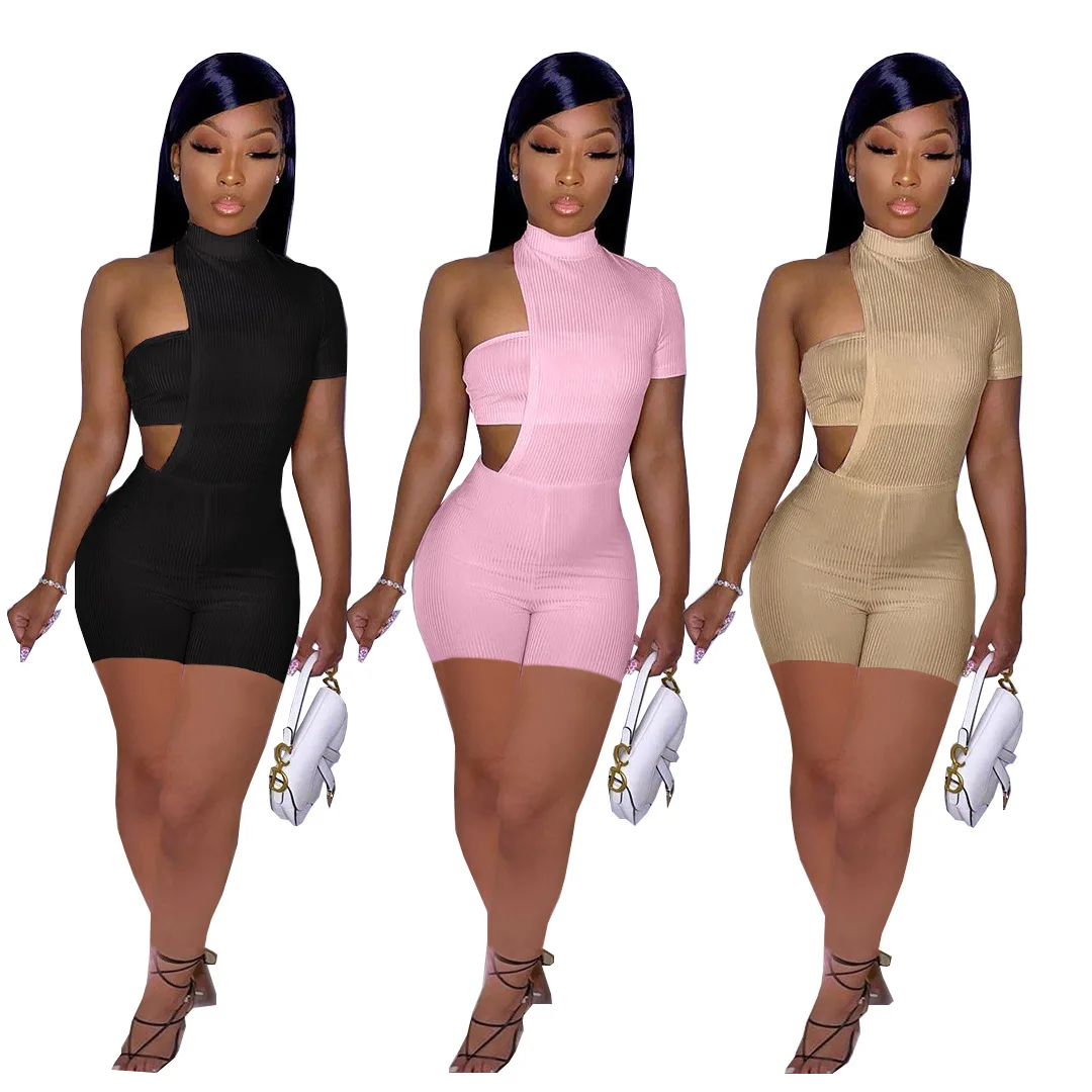 

Sexy One Shoulder Two Piece Women Shorts Set Solid Color Women Basic Two Piece Short Sets Irregular Women 2 Piece Set Shorts
