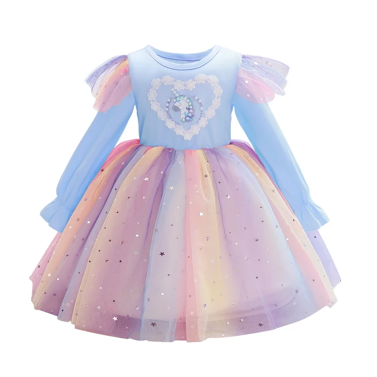 

HDKZTC863 2021 New Arrival High Quality Wholesale Crew Neck Ruffle Full Sleeve Rainbow Striped Mesh Party Dress For Baby Girl, Pink