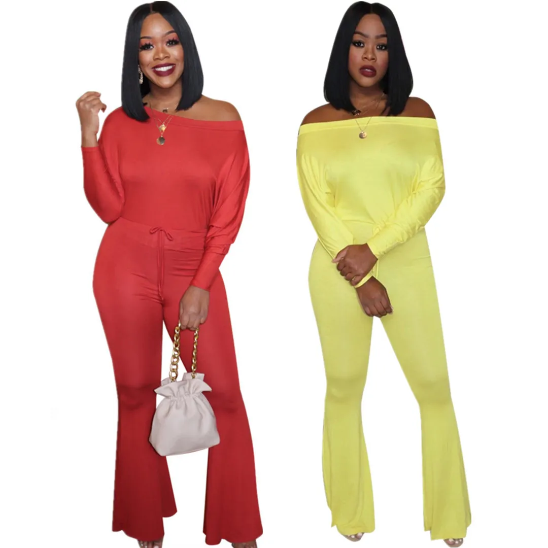 

Wholesale Amazon Hot Fashion Solid Color One Shoulder Flared Long Sleeve Red Yellow Casual Rompers Womens, Shown