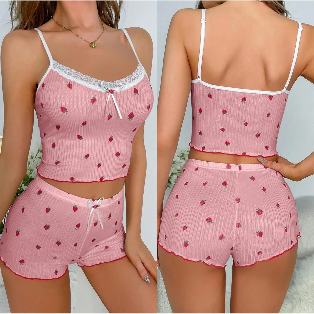 Women's Summer Casual Two-Piece Pajamas Strawberry Print Pajamas ODM/OEM Custom Logo Letter Pattern Sleepwear