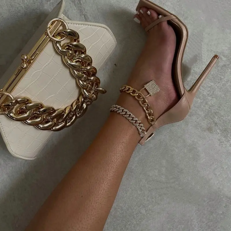 

2021 European&American new arrival women's shoes fashion chain sandals stiletto plus size high heels high quality, Black,beige,white or customized