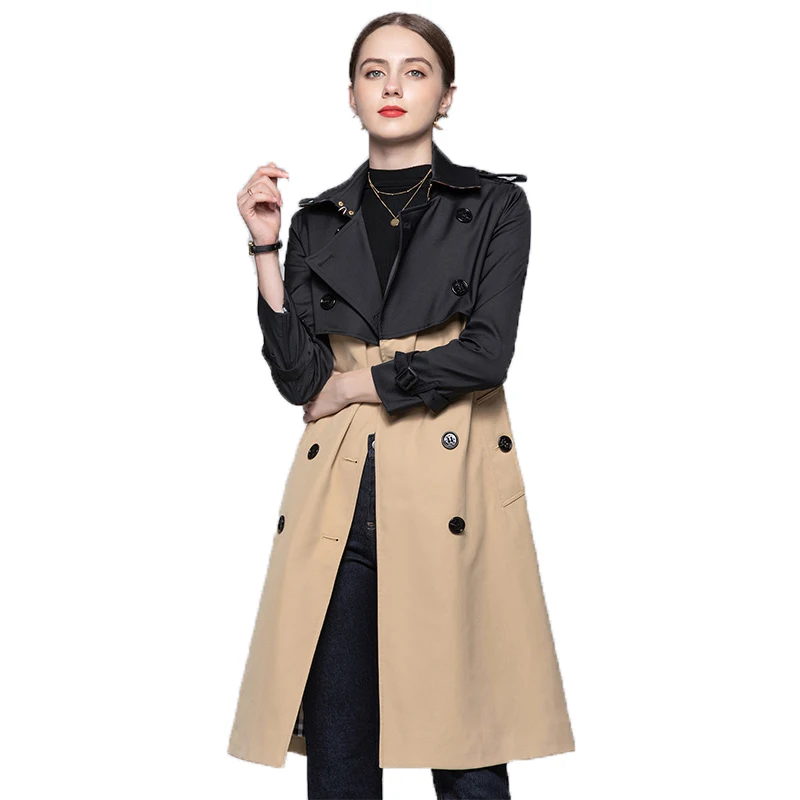 

2021 autumn winter new women's coat medium long style slim double breasted Windbreaker Splice color Women's jacket