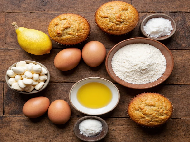 Muffin ingredients arranged on rustic wooden table
