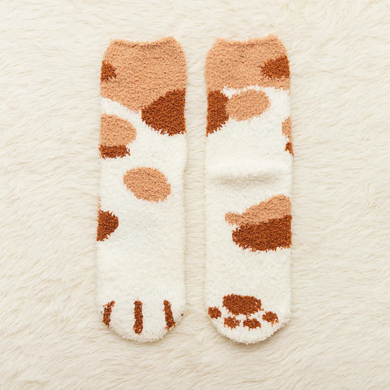

Plush socks women winter coral velvet towel thickened warmth tube floor socks home cute cat paw sleep socks, As show