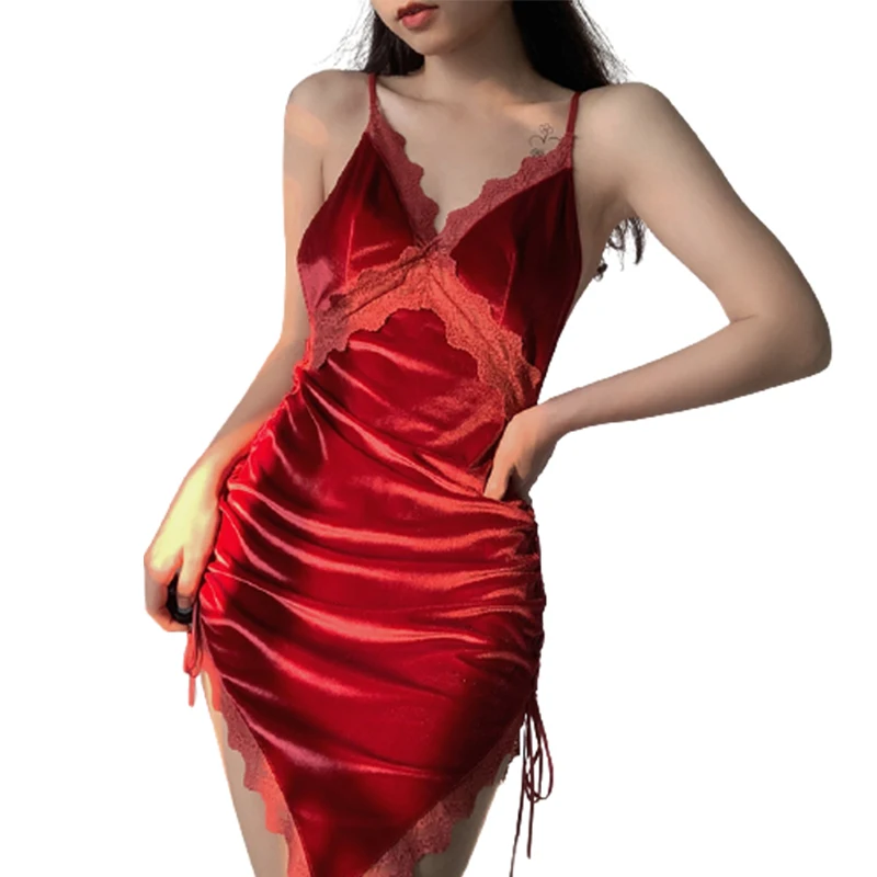 

New Lace Layer Sleepwear velvet Nightdress Sling Deep V Neck Women Nightgown, Red and blue