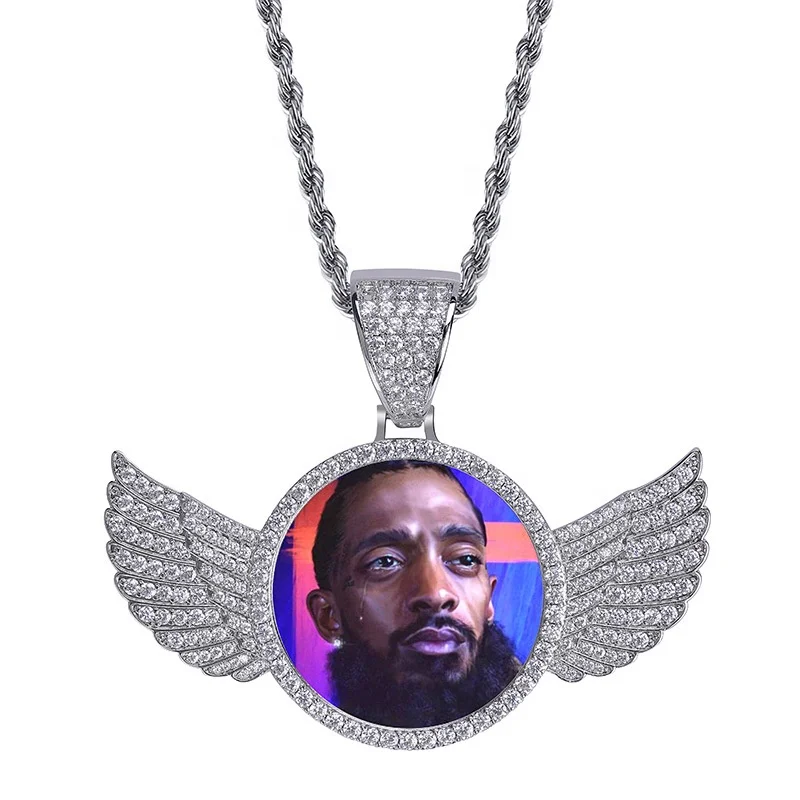 

New Custom Made Photo Angel Wings Pendant Necklaces With Rope Chains Gold Silver Color Bling Cubic Zirconia Mens Hip hop Jewelry, Color,silver,rose