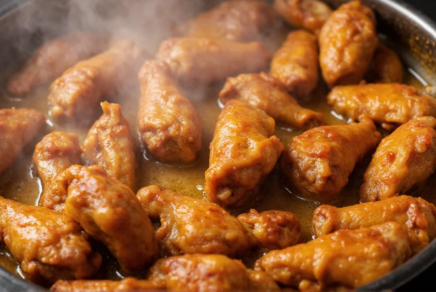 Close-up of lemon pepper wet wings being tossed in golden sauce with steam rising